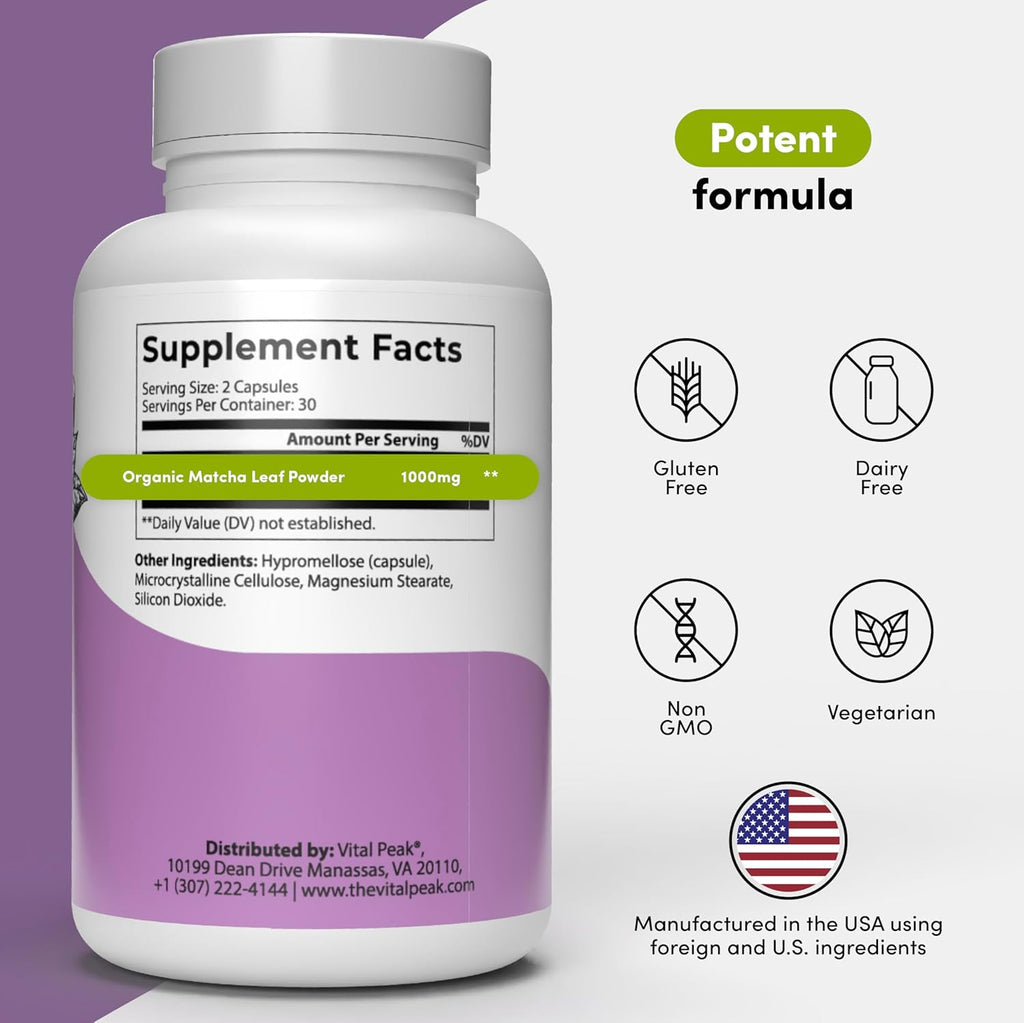Matcha 1000 mg - EGCG Green Tea Supplement, Powder Pills Support Energy & Mental Clarity* - for Women & Men, Vegan, Gluten Free - 60 Capsules