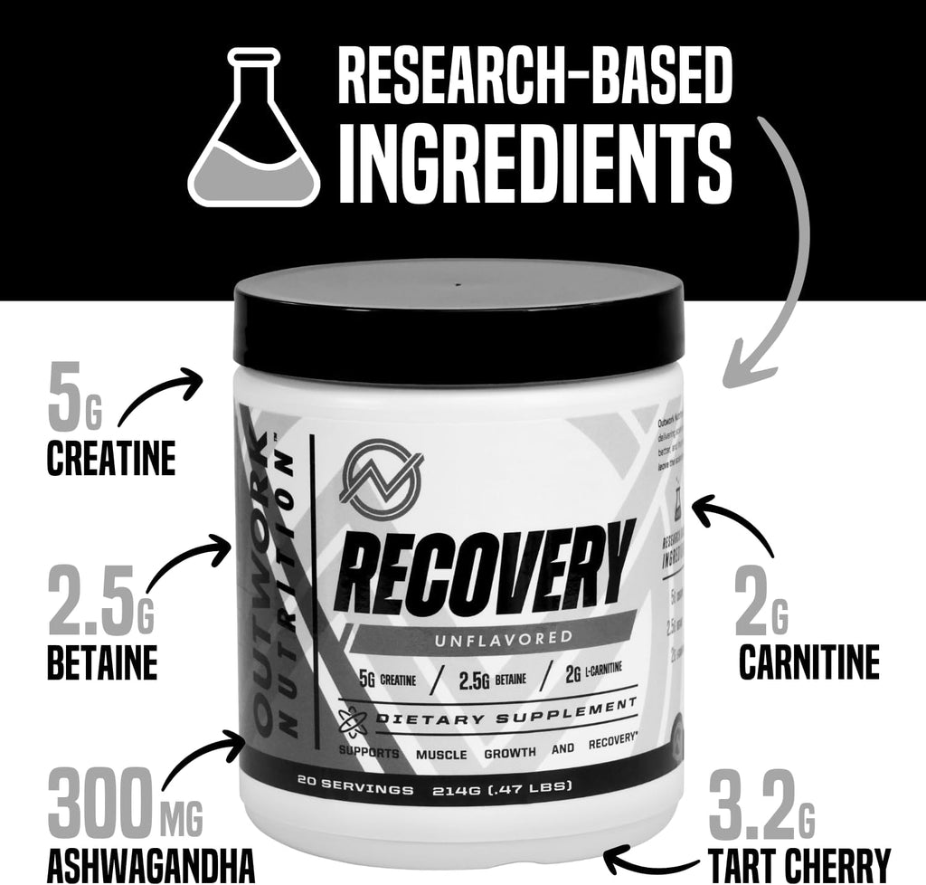 Outwork Nutrition Post Workout Recovery Powder - Creatine Monohydrate, KSM-66 Ashwagandha & Tart Cherry - Speeds Recovery, Eases Soreness - Creatine Powder for Men & Women, Unflavored, 240 Gr