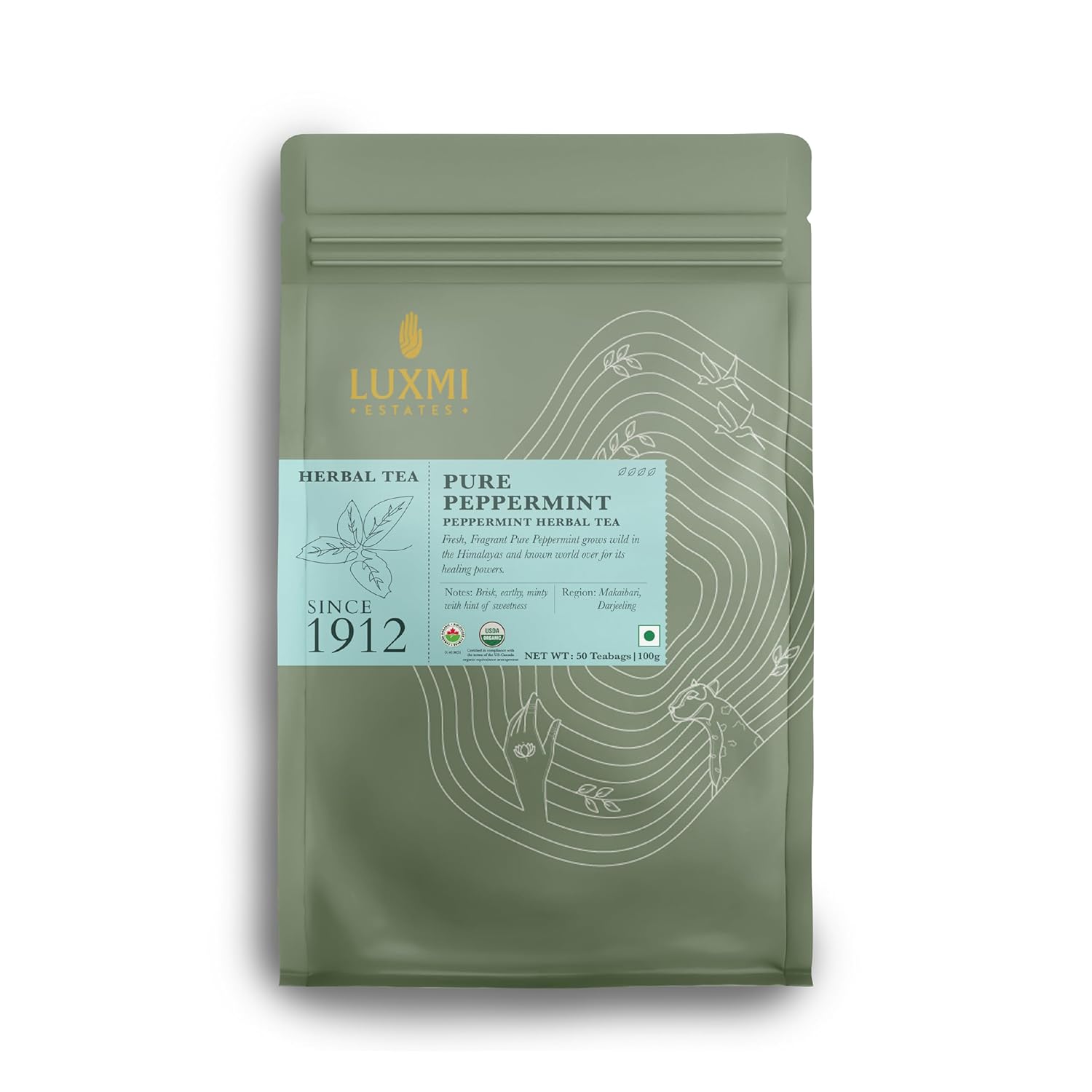 Luxmi Estates Purely Peppermint 50 Tea Bags (100g) Pack | USDA Certified Organic Herbal Tea | Mint Tea Best for Night Time | 50 Cups Bulk Pack