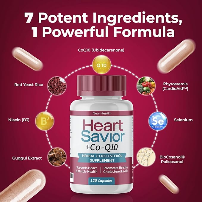 Natural Supplement with CoQ10, Red Yeast Rice, Niacin, Policosanol and Guggul. The Natural Way. by New Health Plus 60 MG Co-Q10 (120 caps)