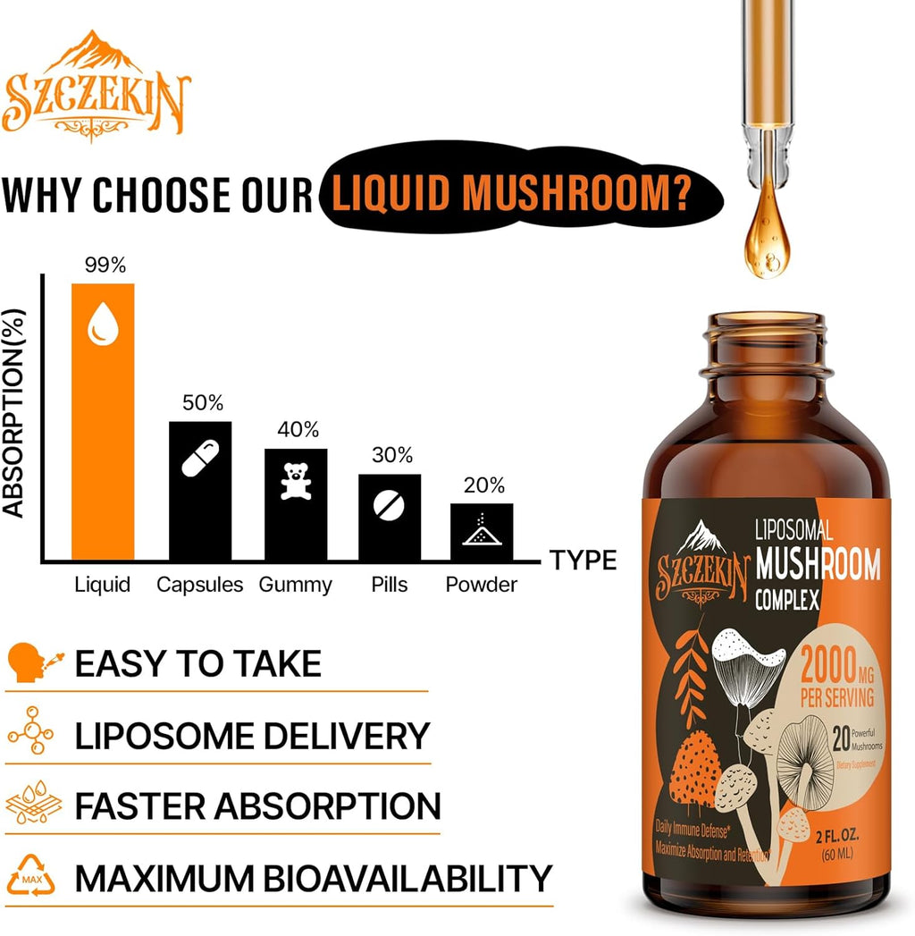 Liposomal Mushroom Complex Drops 2000 MG - 20 Organic Mushroom Extracts - Advanced Liquid Formula for Immunity, Cognitive and Memory - Lions Mane Supplement, Reishi, Cordyceps, Chaga, 300 Servings