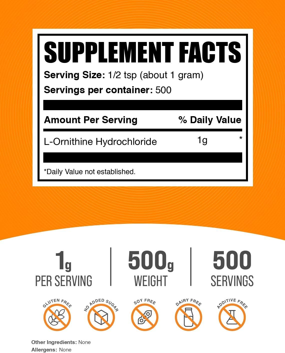 BulkSupplements.com L-Ornithine HCl Powder - Ornithine Supplement, Amino Acids Supplement - Gluten Free, 1g per Serving, 500g (1.1 lbs) (Pack of 1)