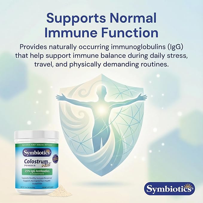 Symbiotics Colostrum Plus Powder, 6.3 oz (180 g) - 25% IgG Immunoglobulins, Naturally Occurring Lactoferrin, Supports Immune Function & Digestive Balance, Gluten Free