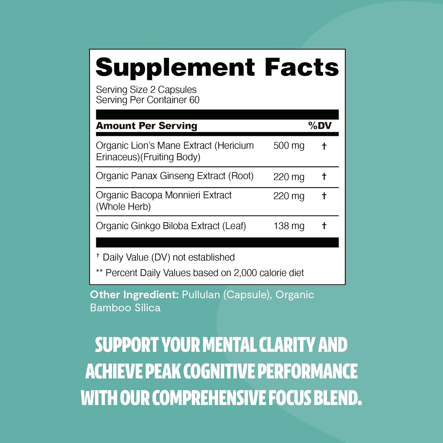 FreshCap 4-in-1 Focus Supplement - Supplements for Memory and Focus - Memory Supplement for Brain, Brain Booster Supplement, Lions Mane Extract, Ayurveda Ginseng (120 Capsules)