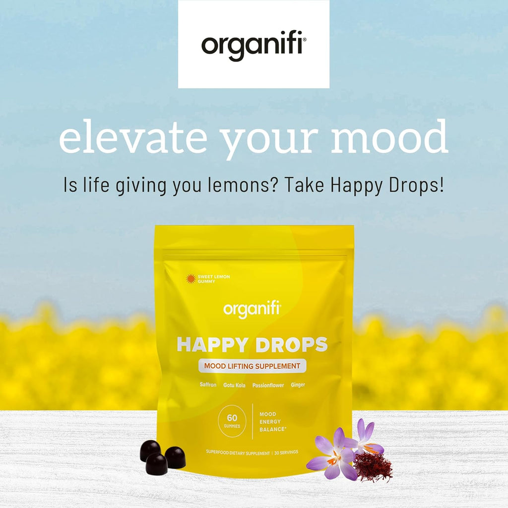 Organifi Happy Drops - Daily Superfood Happy Gummies for Adults - Mood Support Supplement for Balance, Bliss, Energy and Taking The Edge Off - Sweet Lemon Flavor - 60 Gummies