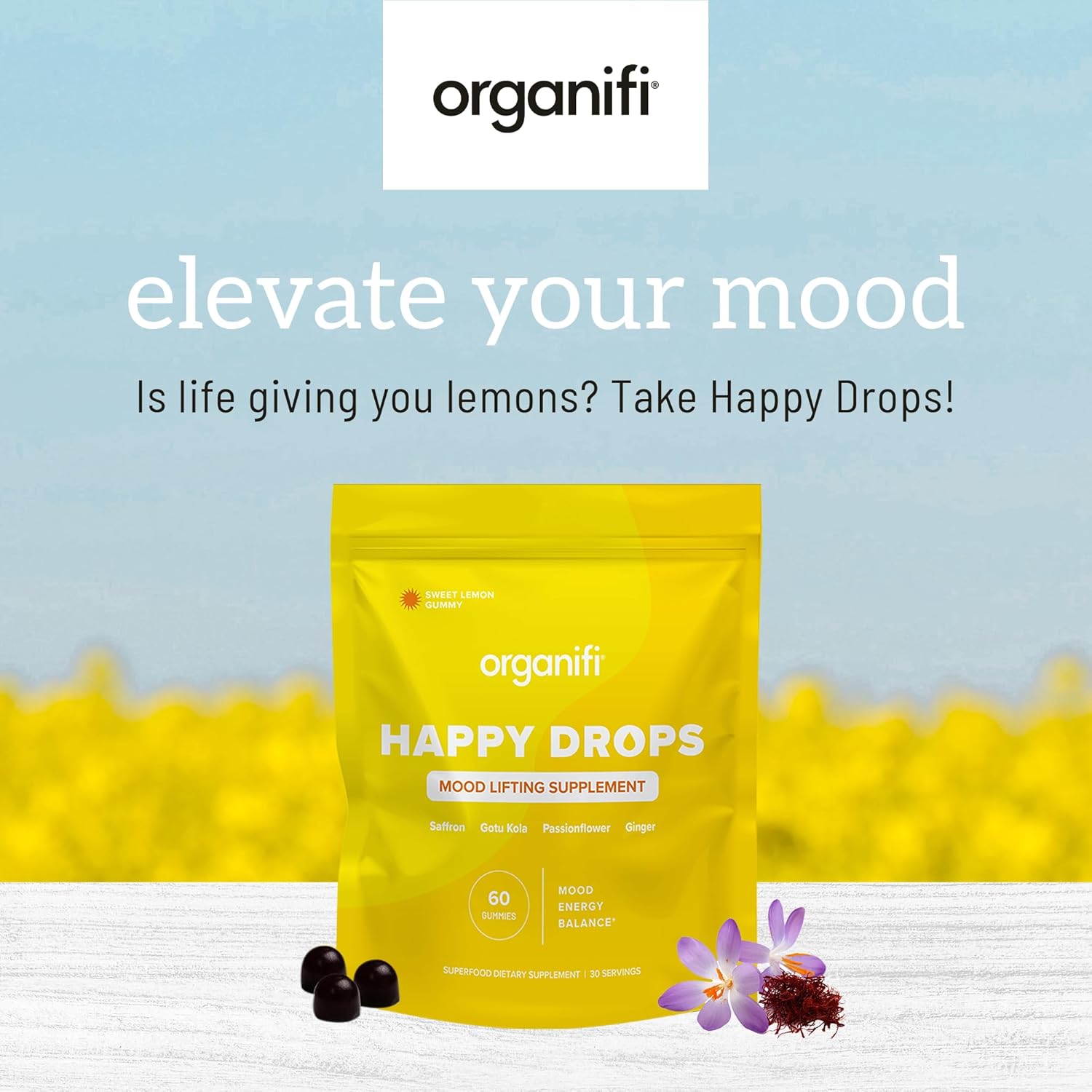 Organifi Happy Drops - Daily Superfood Happy Gummies for Adults - Mood Support Supplement for Balance, Bliss, Energy and Taking The Edge Off - Sweet Lemon Flavor - 60 Gummies