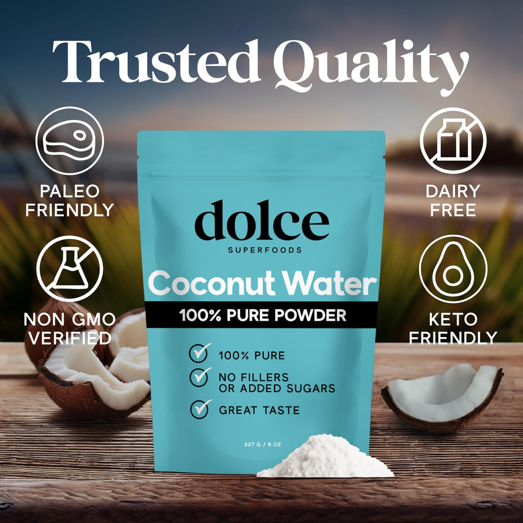 Dolce Superfoods Coconut Water Powder, Natural Electrolyte Powder for Daily Hydration & Wellness, Powdered Coconut Water with Potassium, Sodium, & Magnesium, 8oz