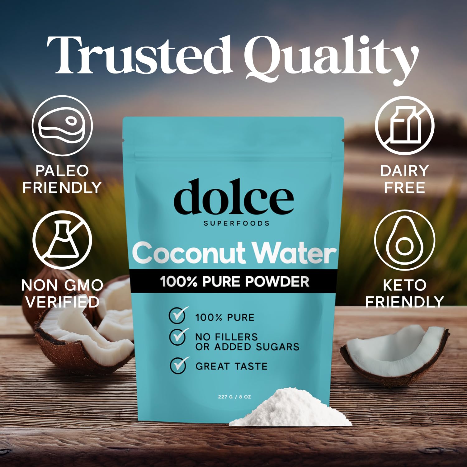 Dolce Superfoods Coconut Water Powder, Natural Electrolyte Powder for Daily Hydration & Wellness, Powdered Coconut Water with Potassium, Sodium, & Magnesium, 8oz