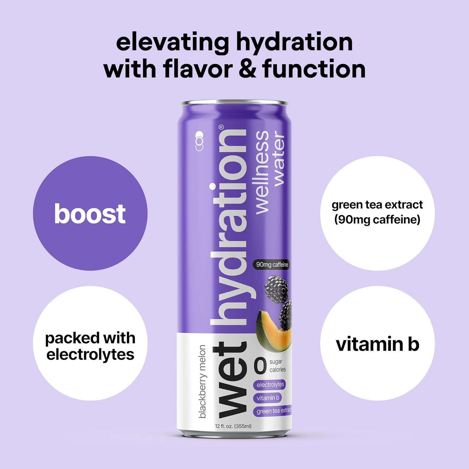 Zero Calorie, Functional Wellness Water - Blackberry Melon (12 Ounce Cans, Pack of 12) - Flavored Water, Hydration Drink, No Sugar, No Artificial Ingredients, Zero Calories (Packaging May Vary)