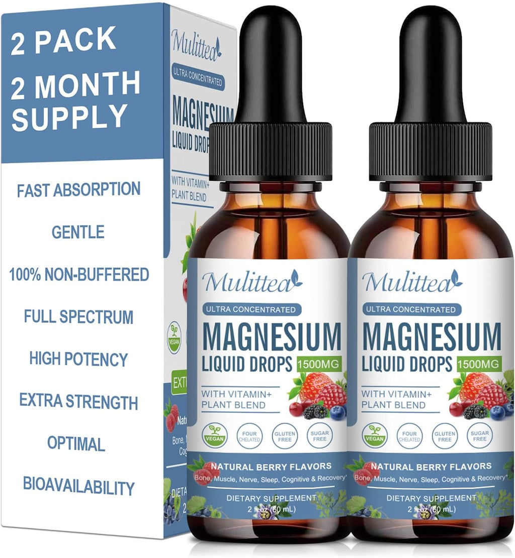 Magnesium Glycinate Liquid Drop - Triple Absorption Supplement to Support Nerves, Sleep, Calm, Heart, Muscles * -Sugar-Free with Potassium, L-Theanine, Sea Moss, Vitamin B,C,D3, K2-2 Pack