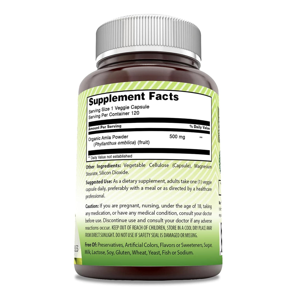Amazing India Amla (Made with Natural Amla Fruit) 500 Mg 120 Veggie Capsules Supplement - Non-GMO, Gluten Free