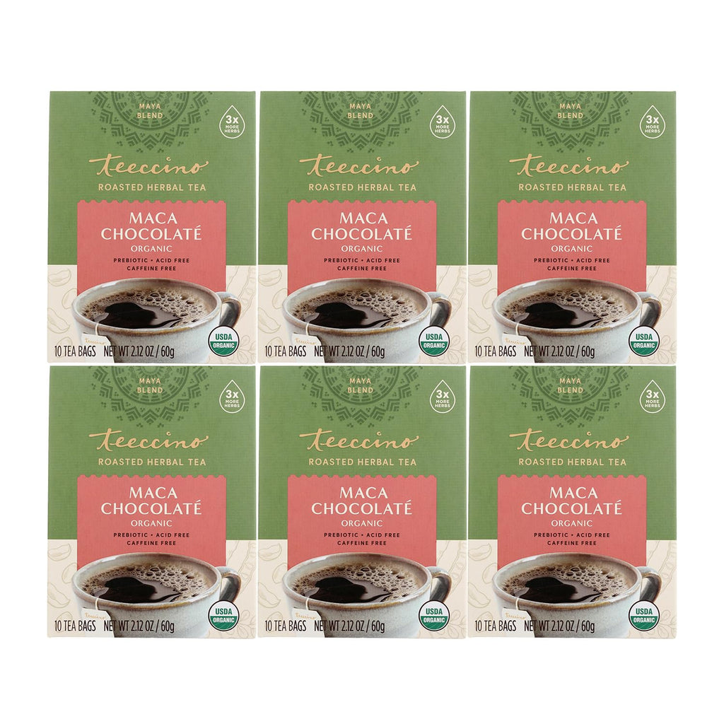 Teeccino Maca Chocolaté Herbal Tea - Rich & Roasted Herbal Tea That’s Caffeine Free & Prebiotic with Natural Energy from Adaptogenic Peruvian Maca, 10 Tea Bags (Pack of 6)