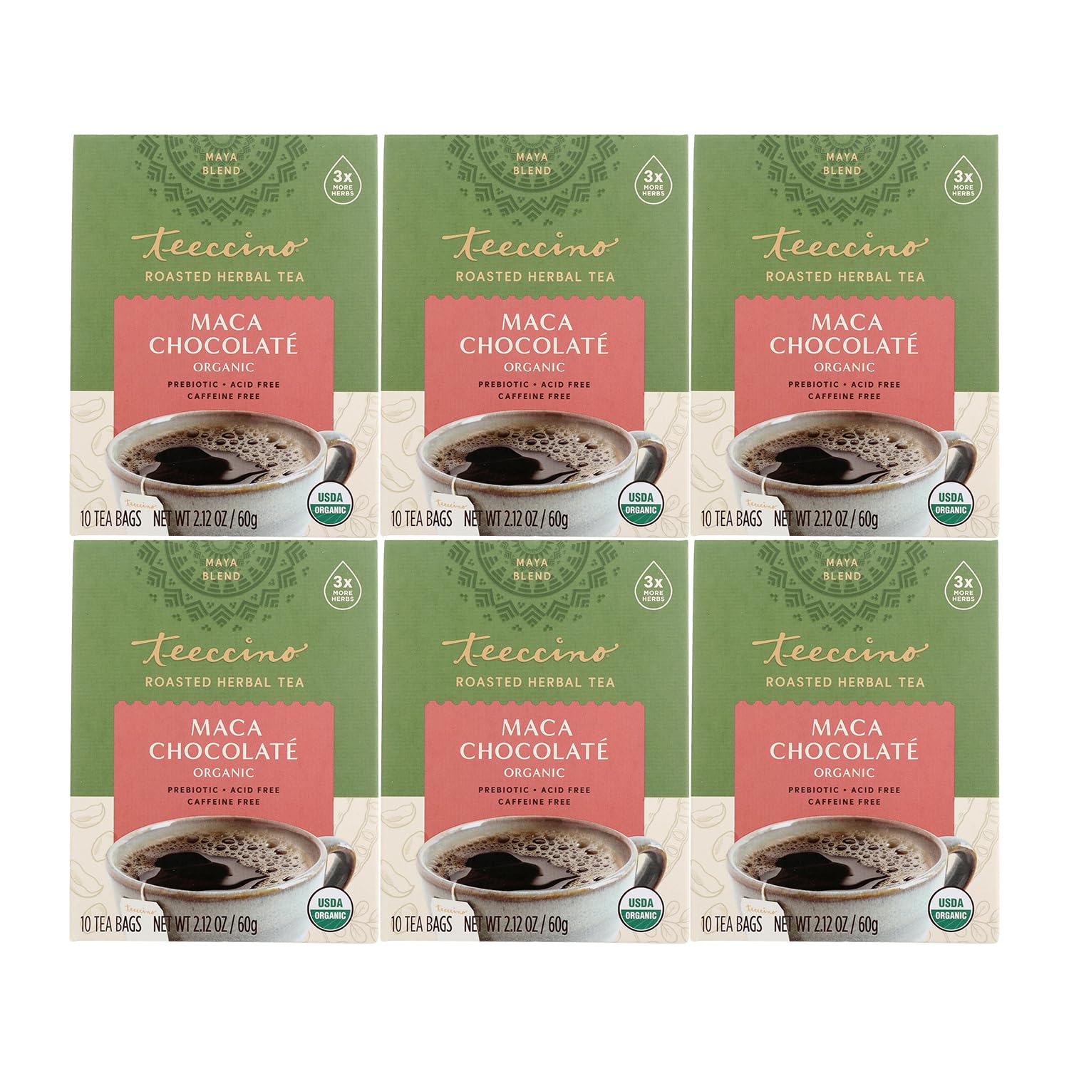 Teeccino Maca Chocolaté Herbal Tea - Rich & Roasted Herbal Tea That’s Caffeine Free & Prebiotic with Natural Energy from Adaptogenic Peruvian Maca, 10 Tea Bags (Pack of 6)