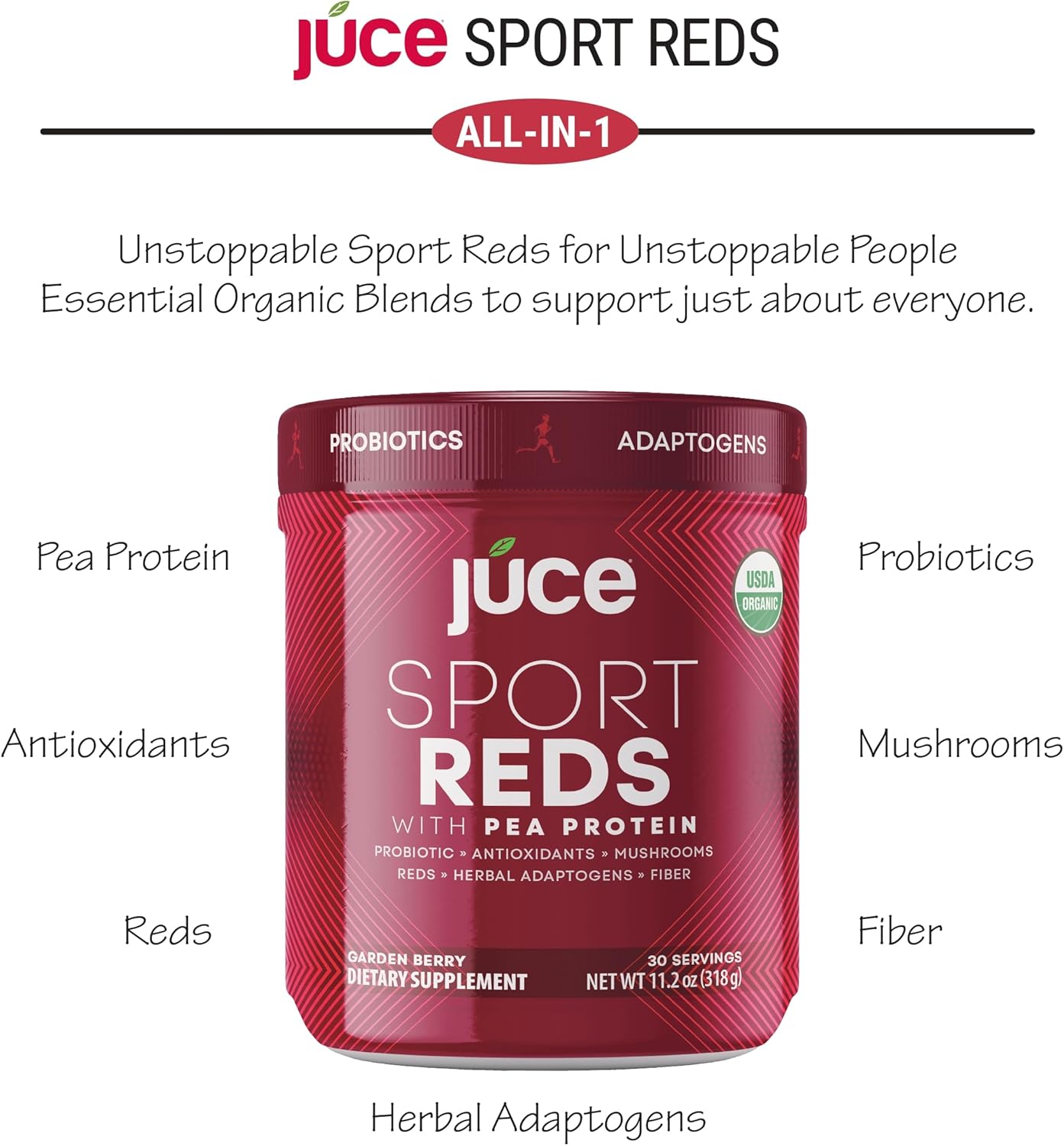 Terra Kai Organics Juce SR7 Sport Reds Organic Fruit & Veggies w/Pea Protein | 43 Superfoods, Antioxidants, Mushrooms, Beets, Herbal Adaptogens, Probiotic, Fiber, Garden Berry Flavor (30 Servings)