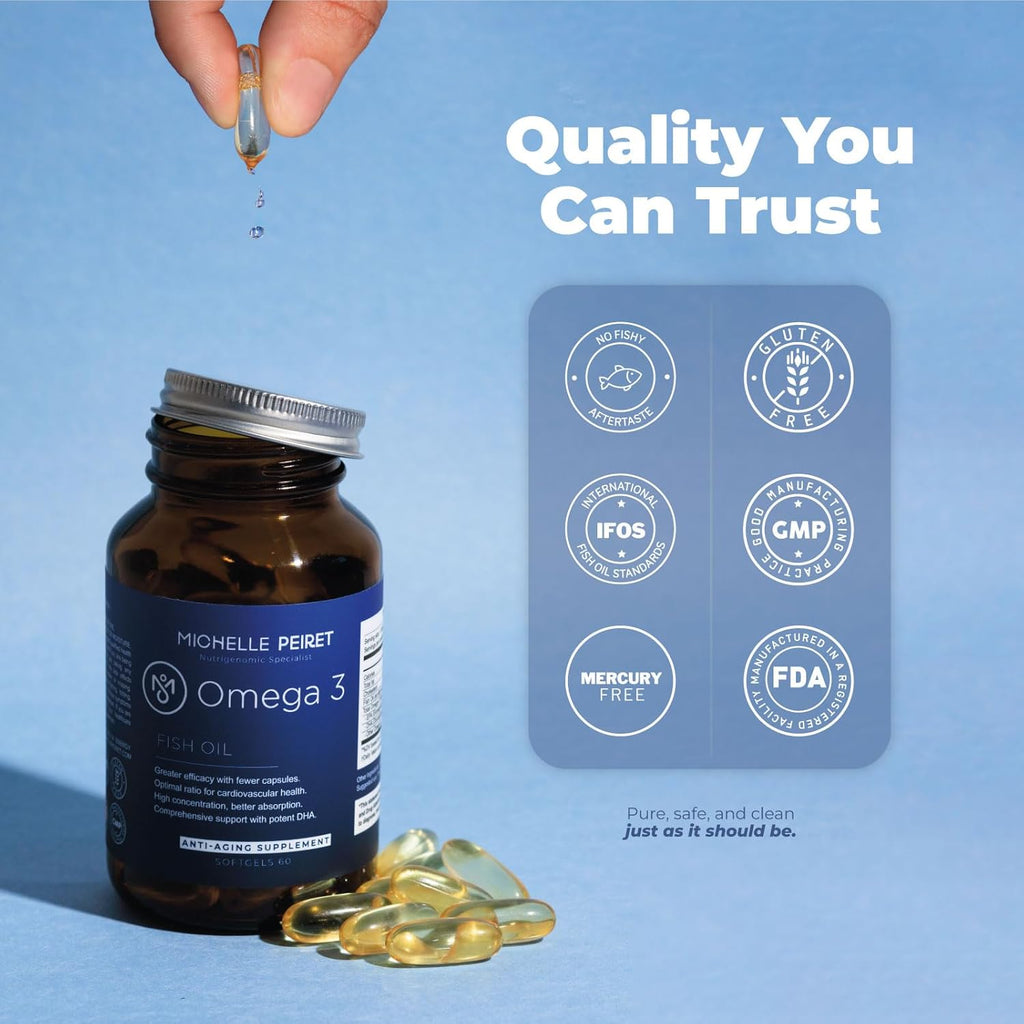 Omega 3 Fish Oil | Fish Oil Capsules| Fish Oil 1000mg | No Fishy Smell | No Aftertaste | Gluten-Free | 60 Capsules |
