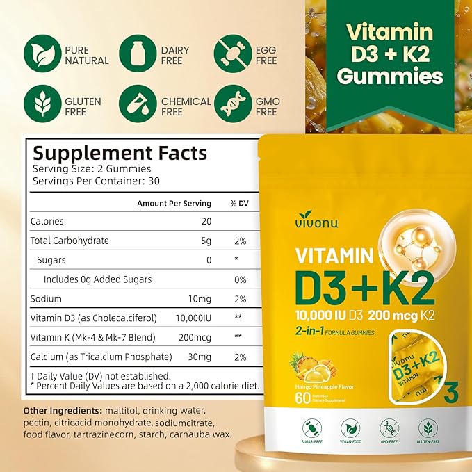Vitamin D3 K2 Gummies, D3 10000 IU & MK7-200 mcg, 2 in 1 Vitamins D & K Complex | Vitamina D3 con K2 | Supports Calcium Absorption, Bone, Immune, & Heart Health, Easy to Carry and use (180 Gummies)