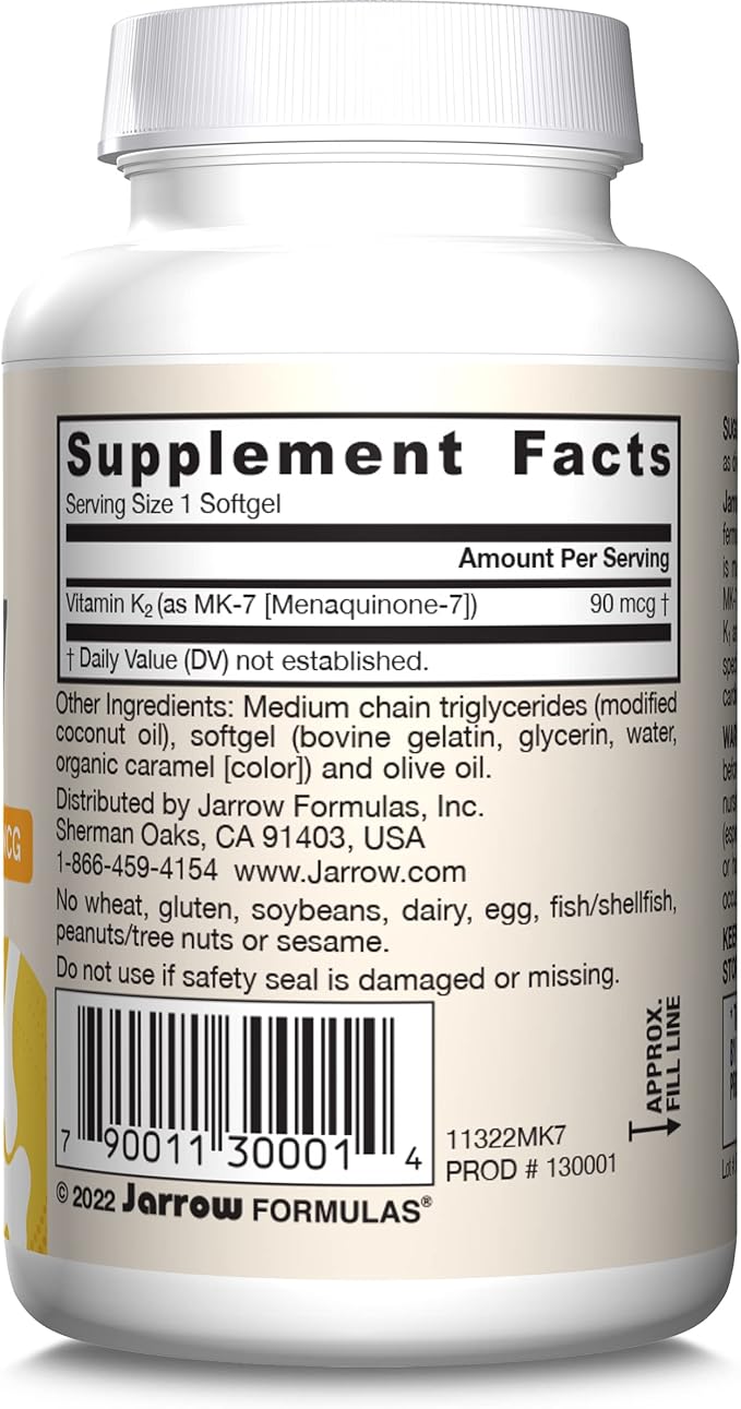 Jarrow Formulas MK-7 90 mcg - Bioactive Form of Vitamin K2-60 Servings (Softgels) - for Bone & Cardiovascular Health - Vitamin K2 MK-7 Dietary Supplement - Gluten Free