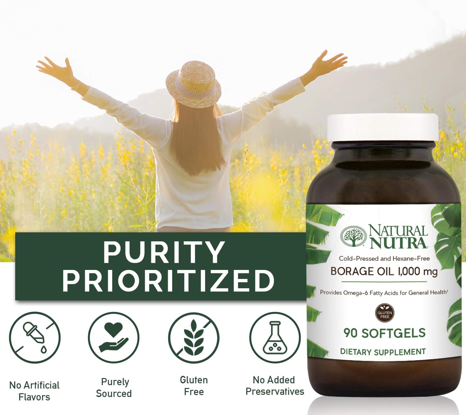 Natural Nutra Borage Oil, Maintain Skin Health, Support Better Heart Health, Improves Nerve Health, Help Overcome Joint paint, Help Reduce Pimple, Omega 6 Essential Fatty Acids Supplement 90 Softgels.