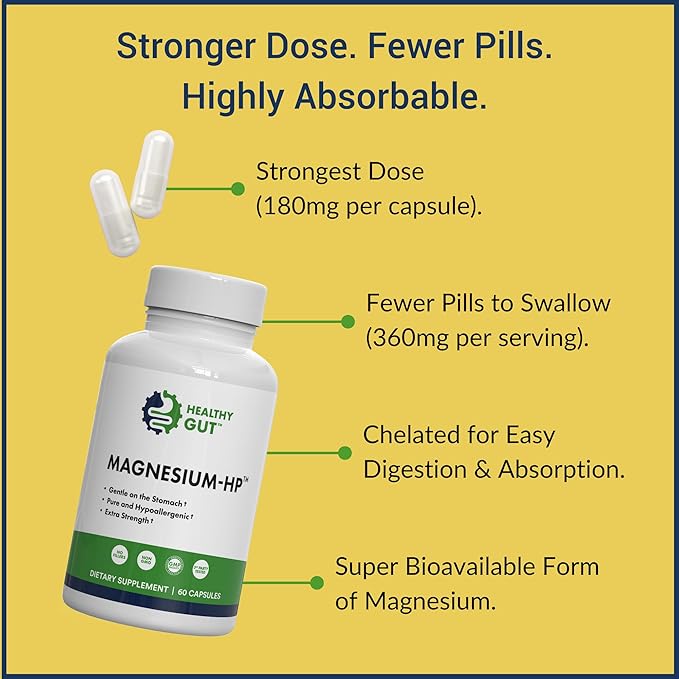 Healthy Gut Magnesium-HP | Ultra Pure Glycinate with Zero Fillers | 180 mg Magnesium Glycinate | 60 Servings
