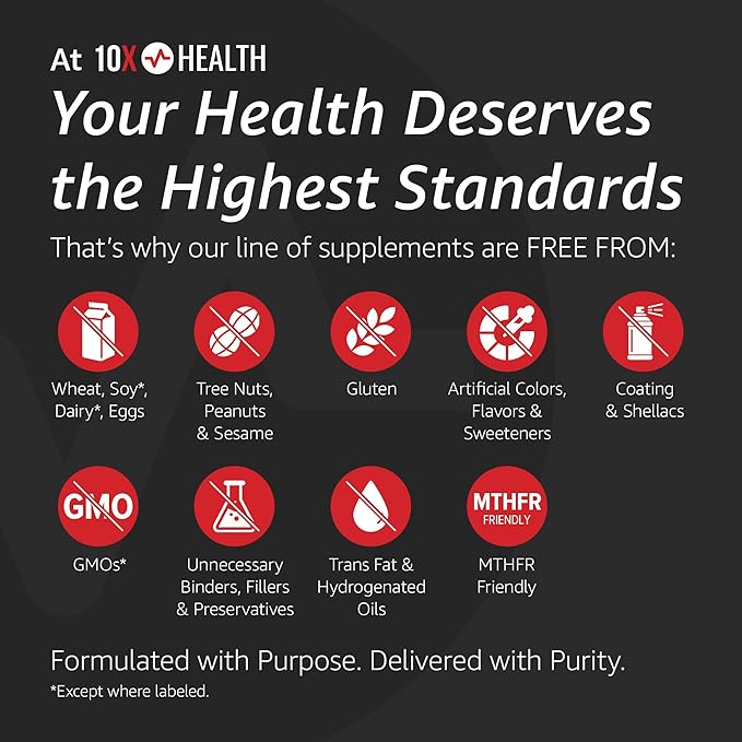 10X Health TMG Supplements - Trimethylglycine Supplement for Liver Support, Heart Wellness, Energy, Homocysteine Levels - TMG Capsules with Betaine Anhydrous - Non-GMO & Gluten-Free - 60 Capsules