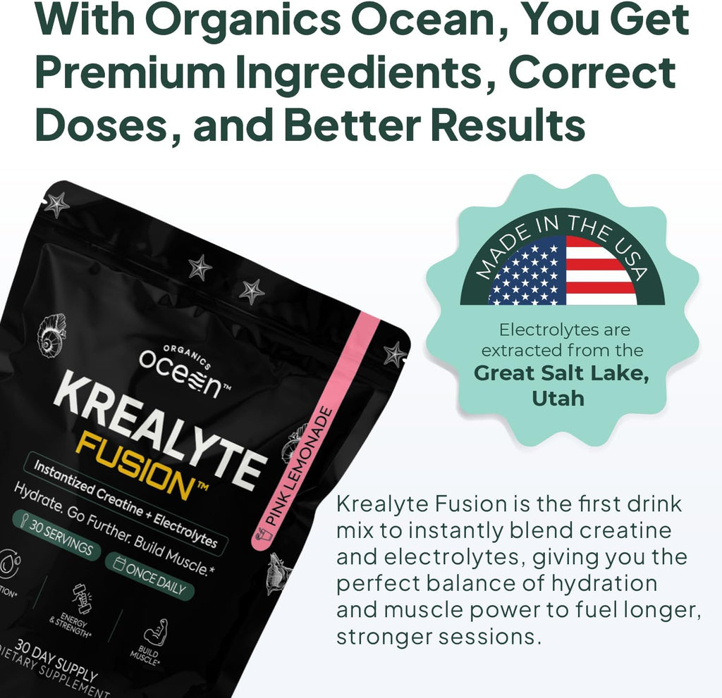 Organics Ocean Krealyte Fusion - Instantized Creatine Monohydrate Powder with Electrolytes - Muscle Strength, Endurance & Hydration Support - Vegan, Sugar-Free, Pink Lemonade Flavor - 60 Servings