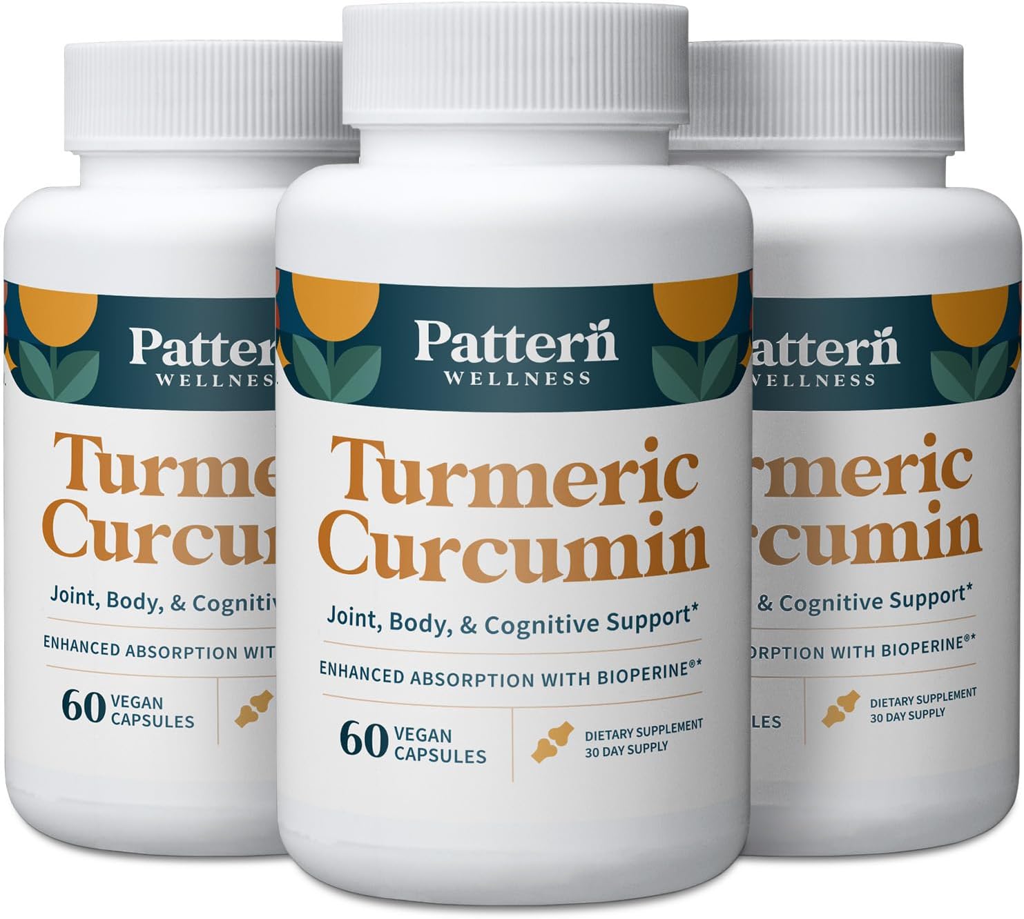 Pattern Wellness Turmeric Curcumin – 1300mg – 95% Curcuminoids with BioPerine® Black Pepper – Joint, Cognitive & Immune Support – Non-GMO, Gluten Free – 180 Capsules