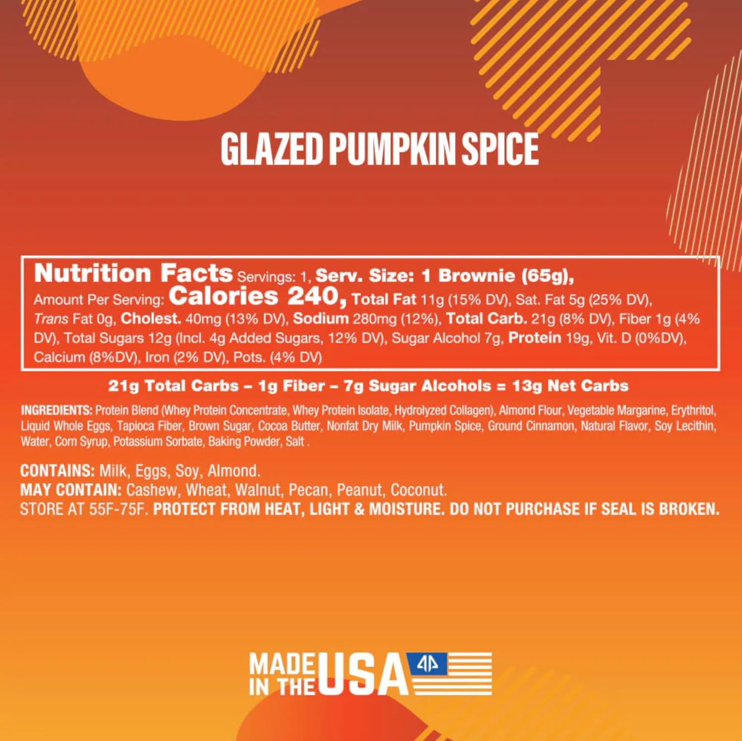 Prime Bites Protein Brownie from Alpha Prime Supplements | High Protein, Collagen Fortified Low Sugar Treat | Delicious Snack | 12 Bars per Box (Glazed Pumpkin Spice)