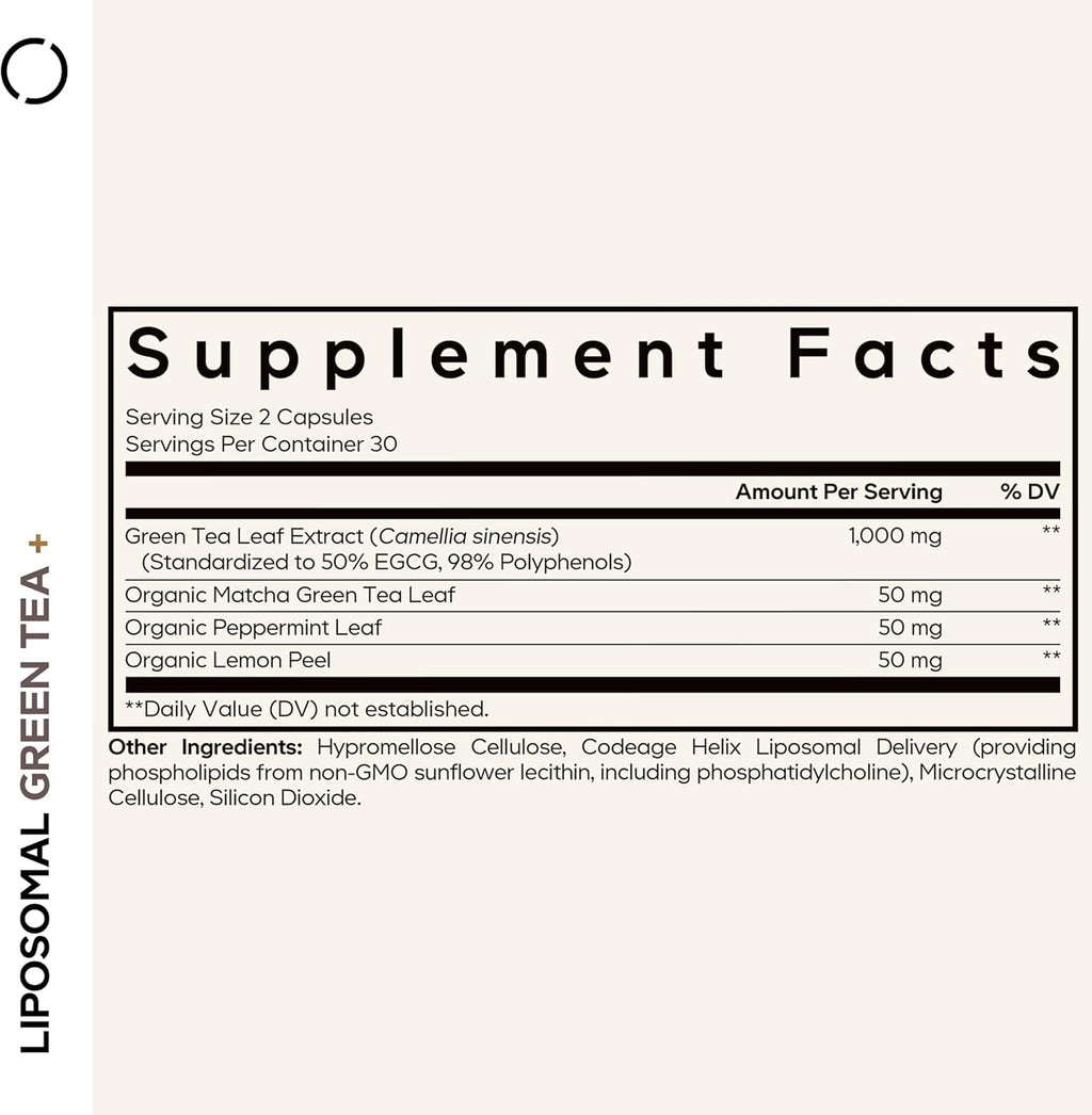 Codeage Liposomal Green Tea+ EGCG 50% Green Tea Extract, Organic Matcha Green Tea Powder, Peppermint Leaf, Lemon Peel, Liposomal Delivery - Vegan Pils Supplement - Non-GMO - 60 Capsules