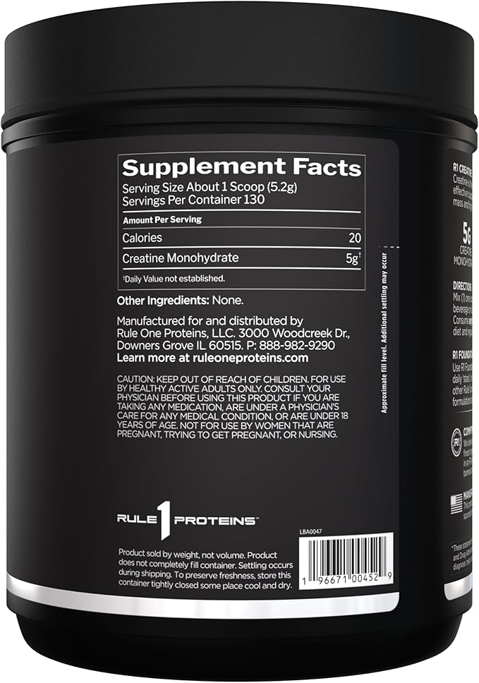 Rule 1 Creatine Powder – Pure Micronized Creatine Monohydrate for High-Intensity Exercise and Lean Body Mass Support, Flavored and Unflavored (130 Servings, Unflavored)