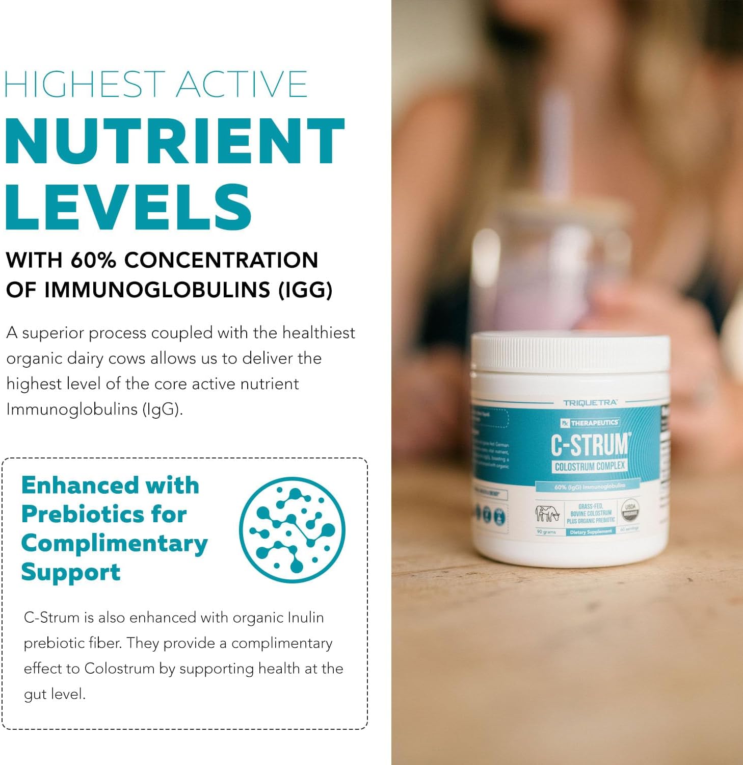 C-Strum® Organic Bovine Colostrum Powder, 60% igG, First Milking, Grass Fed, Max Strength Colostrum Supplement from German Dairy Cows - Gut, Immunity, Skin & Hair Support (60 servings)