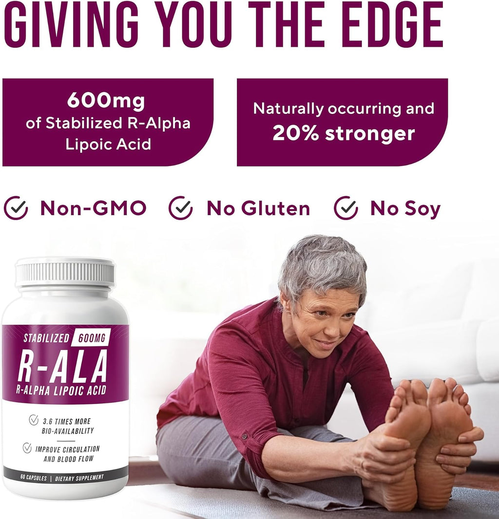 NERVE RENEW R-ALA Stabilized R Alpha Lipoic Acid 600mg Nerve Support Supplement 60 Capsules