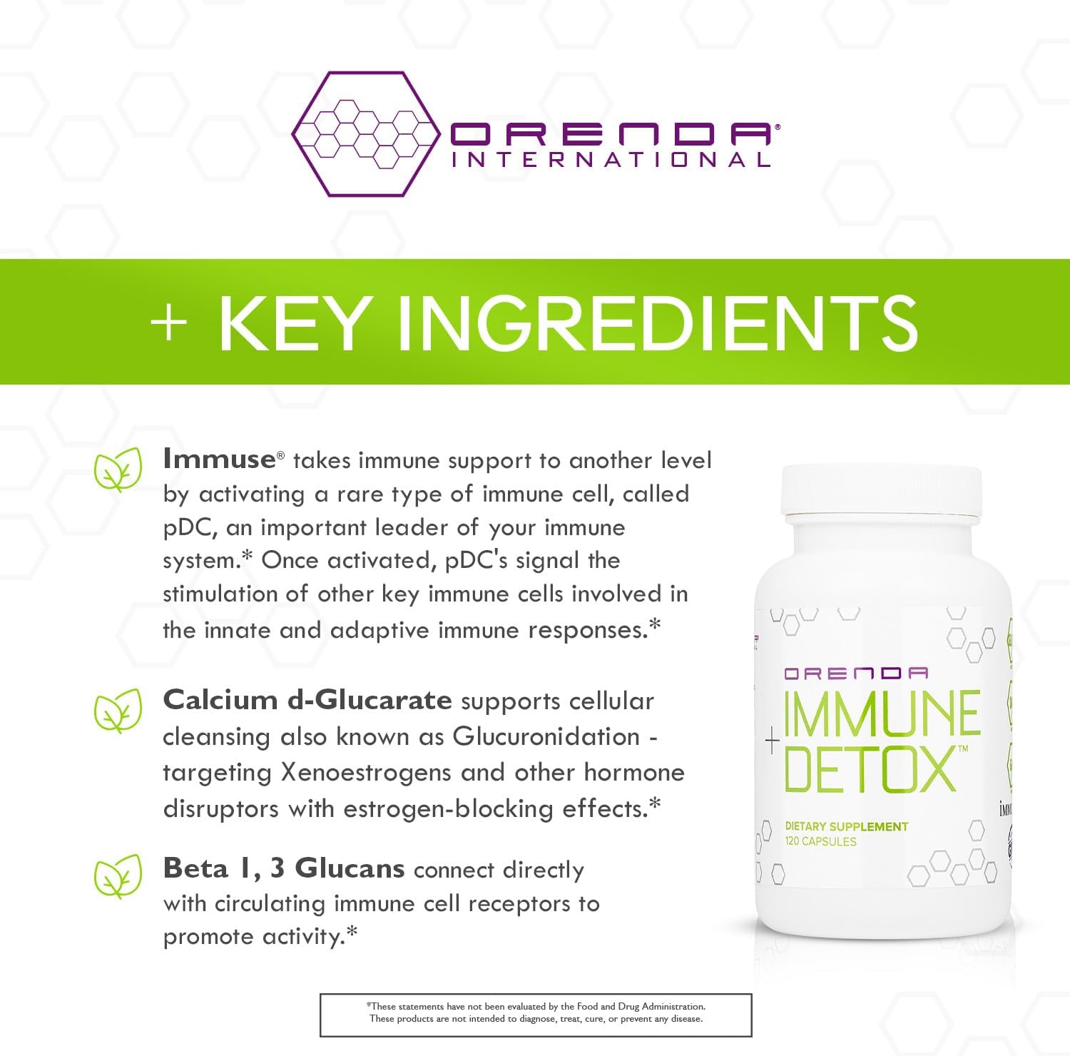 Orenda Immune + Detox - Specialized Formula with Calcium d-Glucarate, Beta 1,3 Glucans & IMMUSE® for Wellness and Balance - 120 Capsules