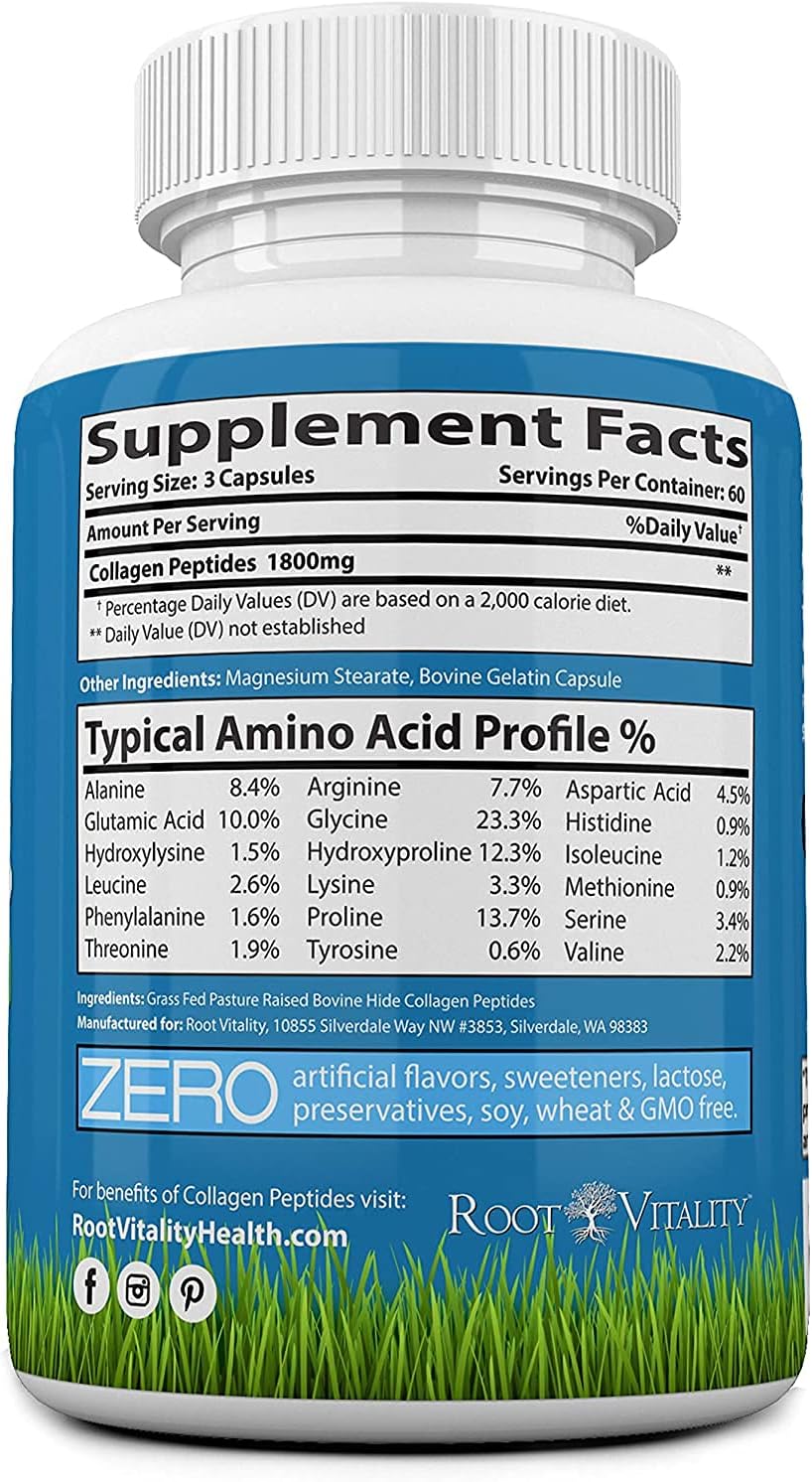 Root Vitality Collagen Peptides Capsules - Grass-Fed, Pasture-Raised Hydrolyzed Protein Supplement for Skin, Hair, & Nails - Non-GMO, Zero Sugar Daily Pills for Men & Women (180 Capsules)