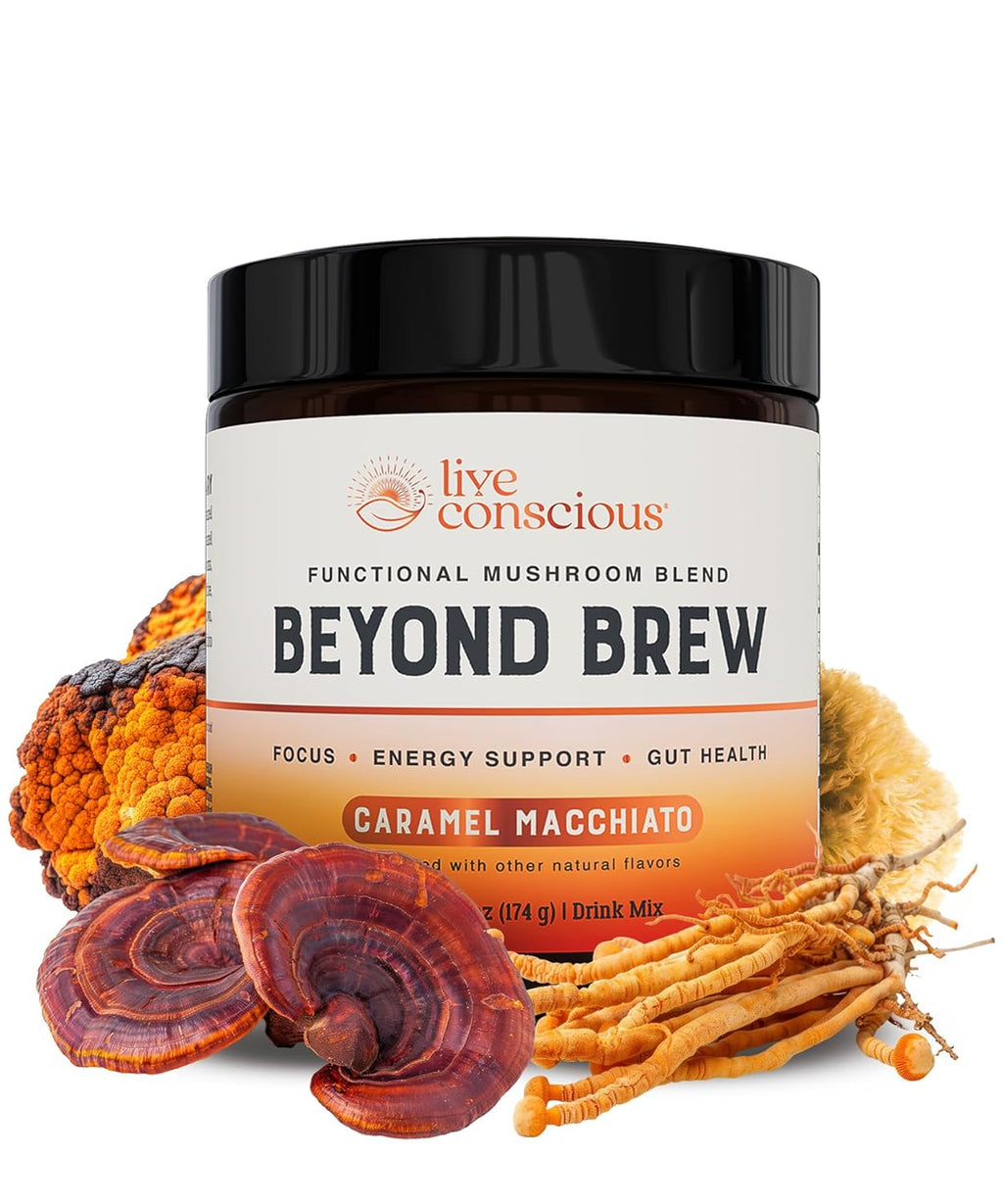 Beyond Brew Caramel Macchiato Coffee Alternative - Low Caffeine Superfood - Powerful Mushroom Complex with Lion’s Mane, Reishi & Chaga - Brewed Drink with Prebiotics & Probiotics - 30 Servings