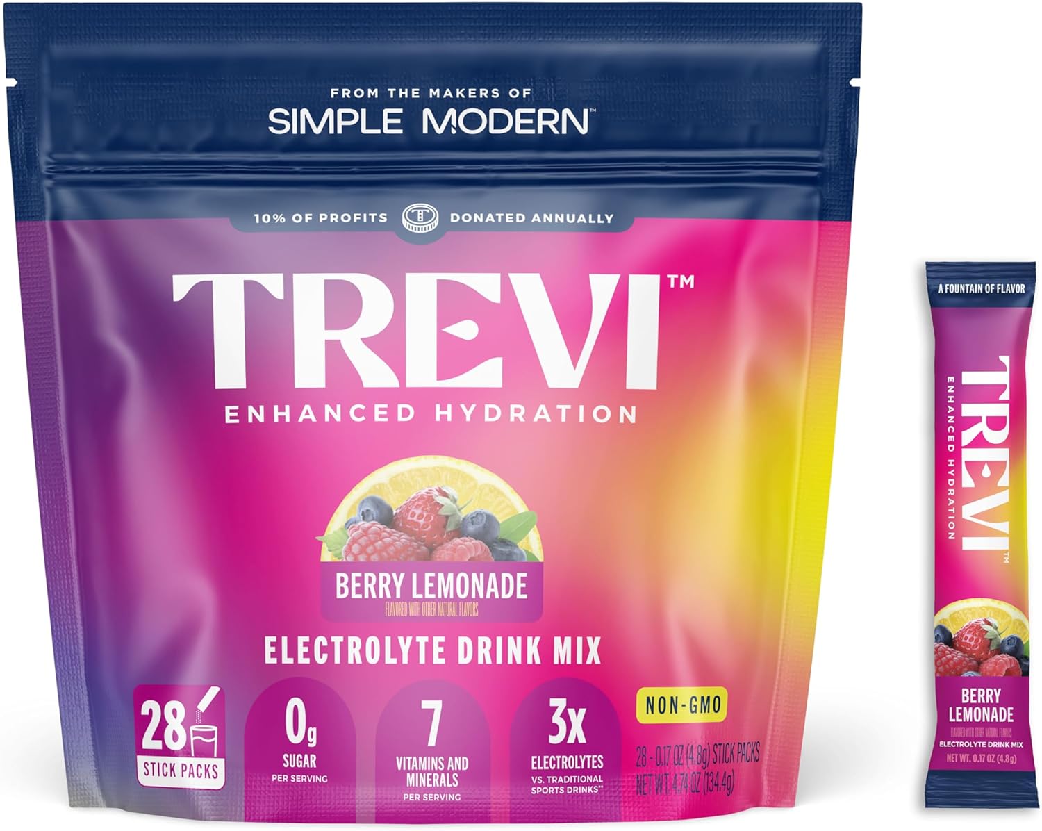 TREVI™ Sugar Free Electrolytes - Drink Mix Hydration Powder Packets - 28 Count - Berry Lemonade