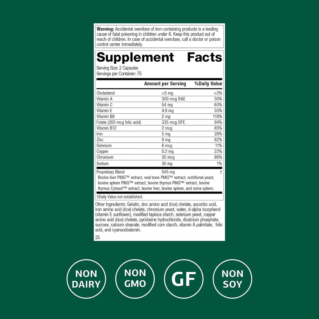 Standard Process Inc. Immuplex - Daily Immune Support Supplement with Folate, Iron, Vitamin C & Vitamin A - Mineral Supplement with Antioxidant Ingredients - 150 Capsules
