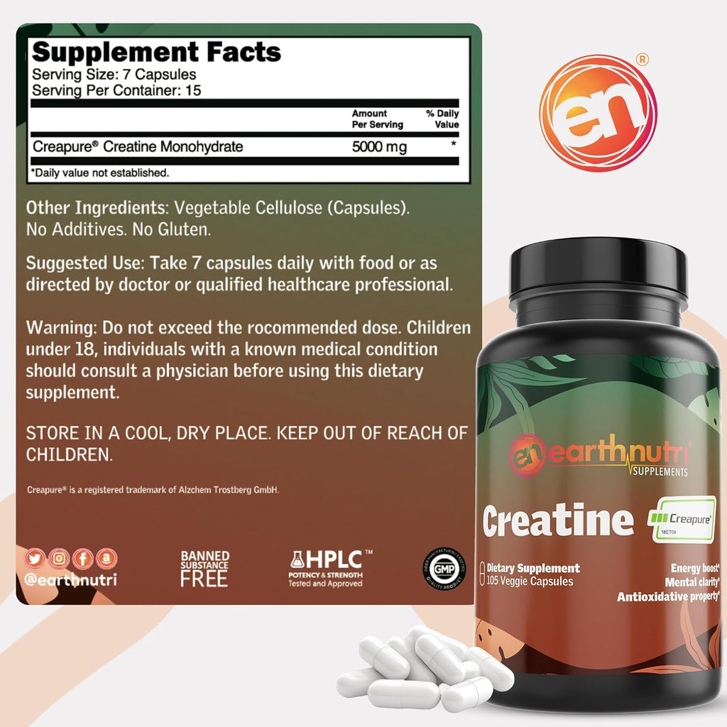 EarthNutri Creatine Monohydrate Capsules - Micronized for Better Absorption - Supports Muscle Strength, Strength & Recovery - 105 Capsules (5000mg per Serving, 7 Capsules)