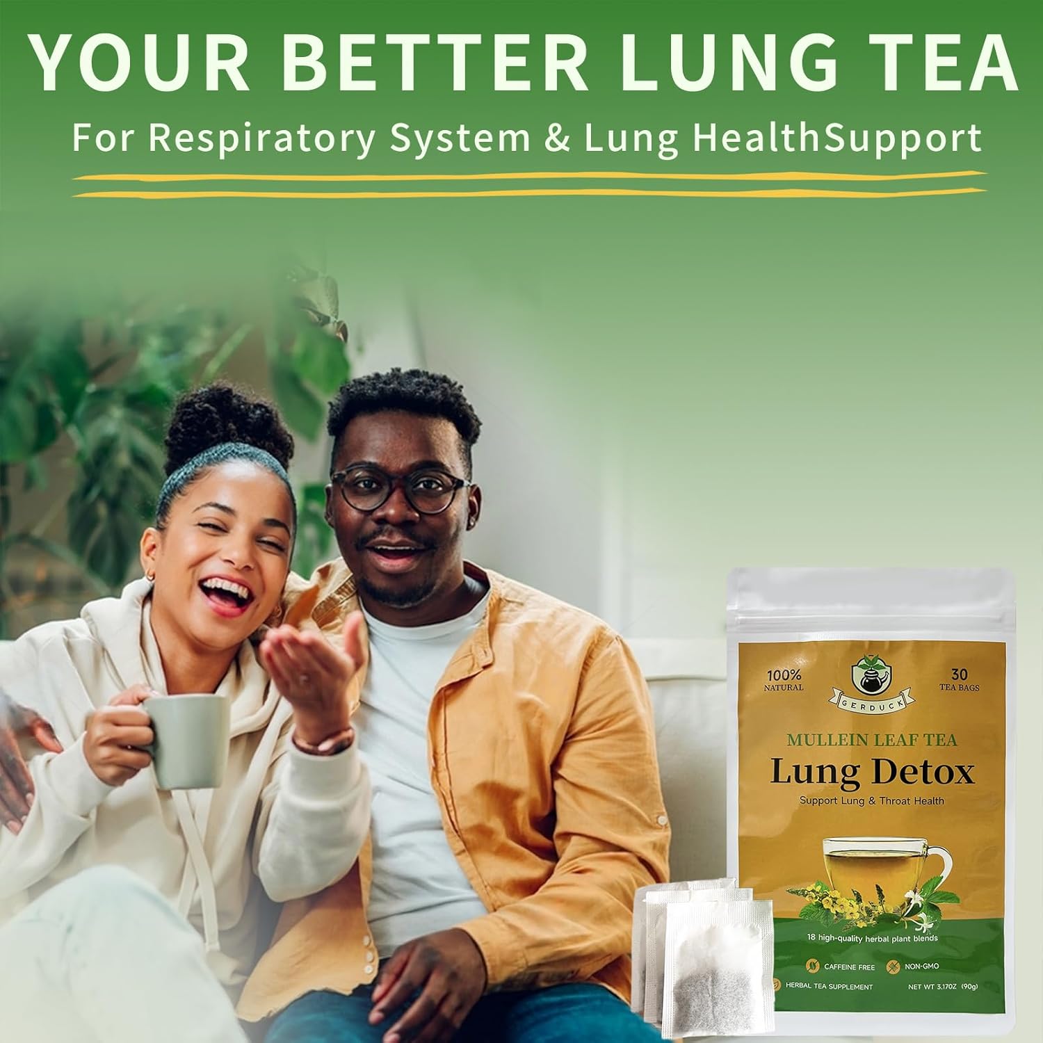 Organic Mullein Detox Tea for Smoker,Breathe Easy,Better Mullen Herbal Tea Supports Lung Health,Respiratory Cleanse,18 Premium Herbs Blend,Caffeine-Free,100% Natural,30 Tea Bags