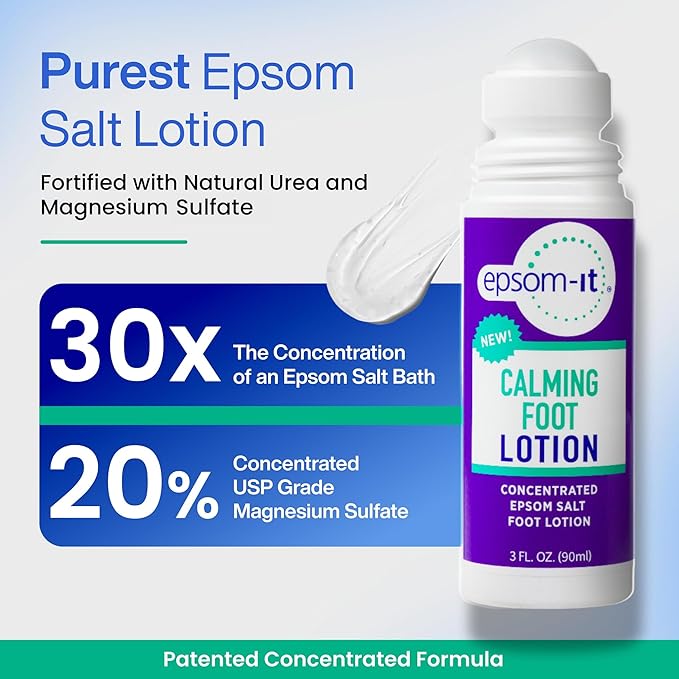 EPSOM-IT Calming Foot Lotion - Roll On Magnesium Sulfate Lotion for Tired Feet & Ankles, Topical Epsom Salt with Urea, Soften Tough Skin and Cracked Heels, Providing Comfort for Legs and Feet 3.0 oz