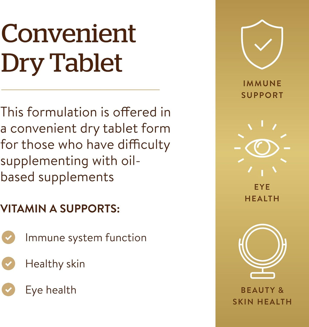 Solgar Dry Vitamin A 1500 mcg (5000 IU), 100 Tablets - Supports Healthy Eyes, Skin & Immune System - Non-GMO, Vegan, Gluten Free, Dairy Free, Kosher - 100 Servings