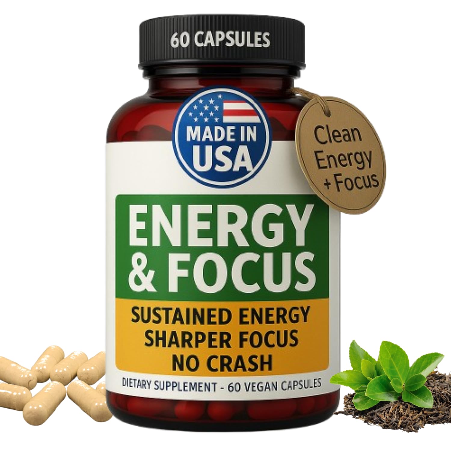 Energy & Focus Capsules - Natural Nootropic Supplement for Sustained Mental Clarity, Enhanced Concentration & Alertness - No Crash, Vegan, Non-GMO - 60 Caps
