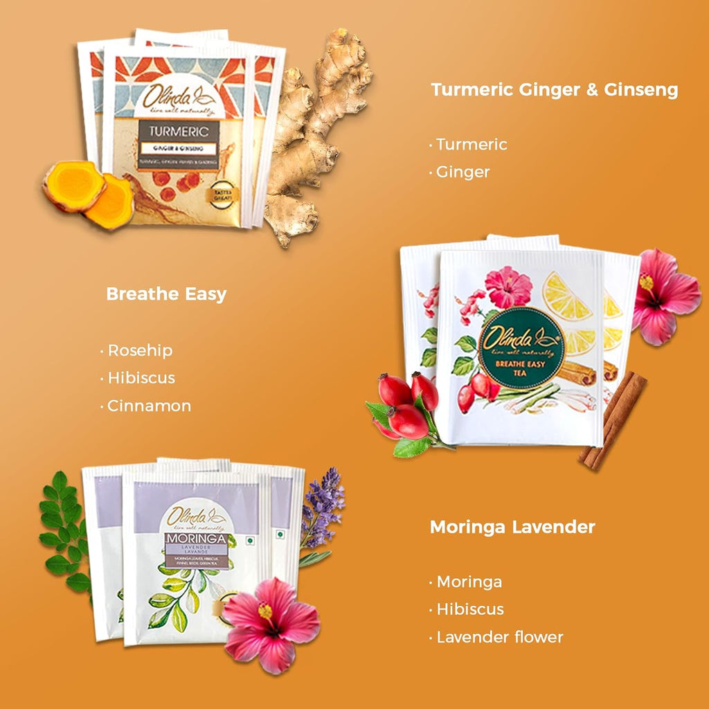 Olinda Health & Vitality Tea Gift Box Tea Samplers Organic Tea Bags Low Caffeine Detox Energy Tea Natural Herbal Gift Set Premium 9 Vareity Pack Individually Wrapped 45 Tea Bags 1 Tea Box Tea Gifts for Women