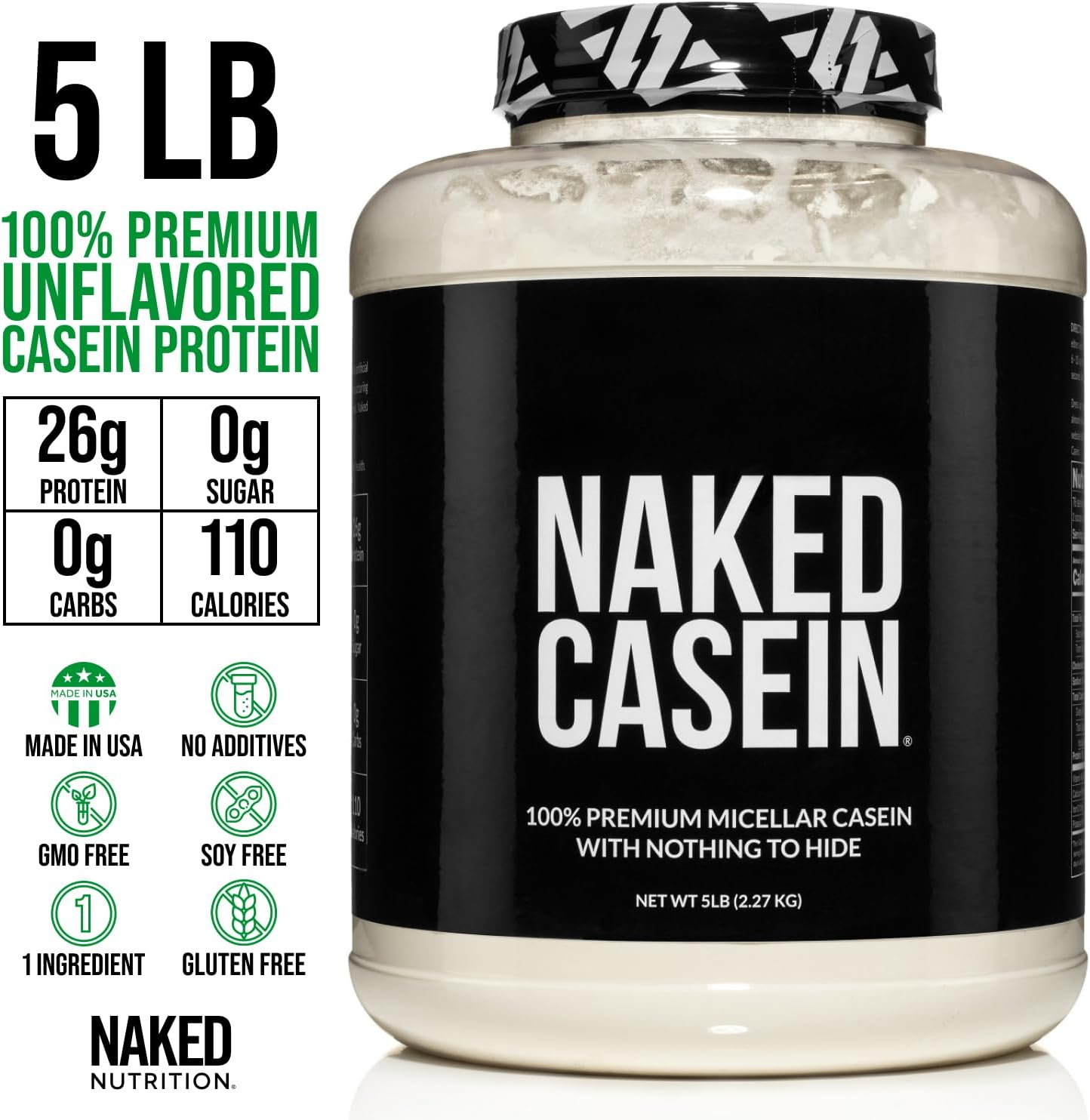 NAKED Casein - 5Lb Micellar Casein Protein Powder - Bulk, GMO-Free, Gluten Free, Soy Free, Preservative Free - Stimulate Muscle Growth - Enhance Recovery - 76 Servings