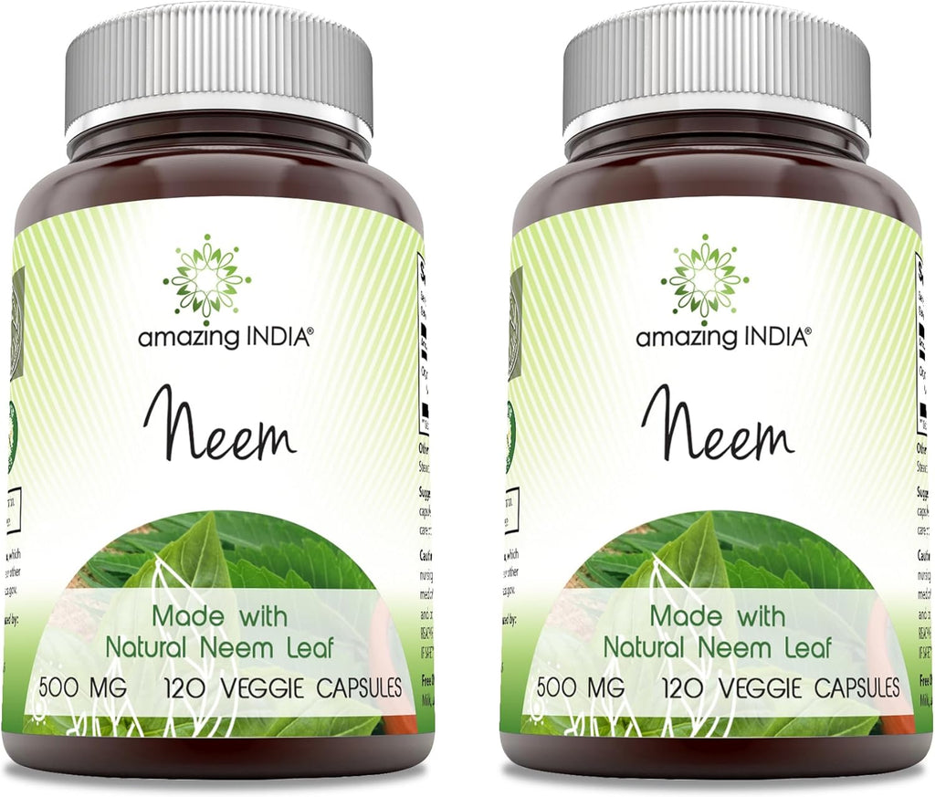 Amazing India Neem (Made with Natural Neem Leaf) 500 mg Veggie Capsules Supplement | Non-GMO | Gluten Free | Made in USA | Suitable for Vegetarians (120 | 2 Pack)
