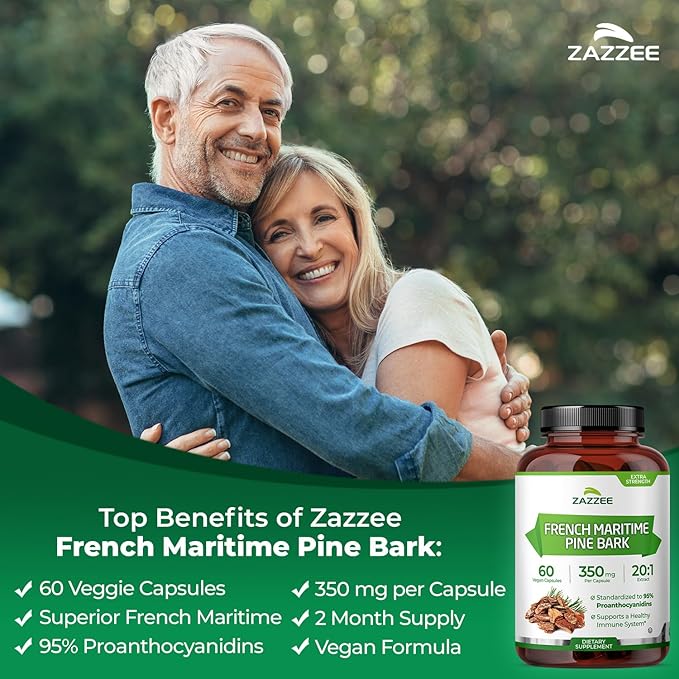 Zazzee Extra Strength French Maritime Pine Bark 20:1 Extract, 350 mg Per Capsule, 60 Vegan Capsules, 95% Proanthocyanidins, Kosher, 2 Month Supply, Standardized 20X Extract, Non-GMO, Made in The USA