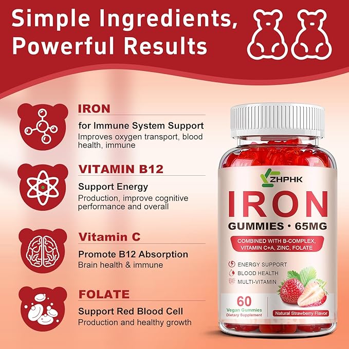 Iron Supplement Gummies, 65mg Iron for Women Men Kids, Natural Vegan Iron Gummy with Folate Gentle on Stomach, Gluten Free, Energy Support & Immune Health, 60 Gummies