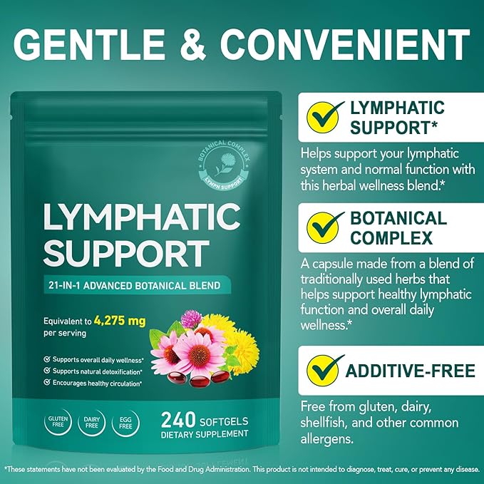 Lymphatic Drainage Supplements-4275mg Echinacea, Dandelion, Burdock Root|21-In-1 Botanical Complex for Lymph System, Balance, Cleanse, Overall Vitality, Less Bloating|Safe & Clean Formula|240 Softgels