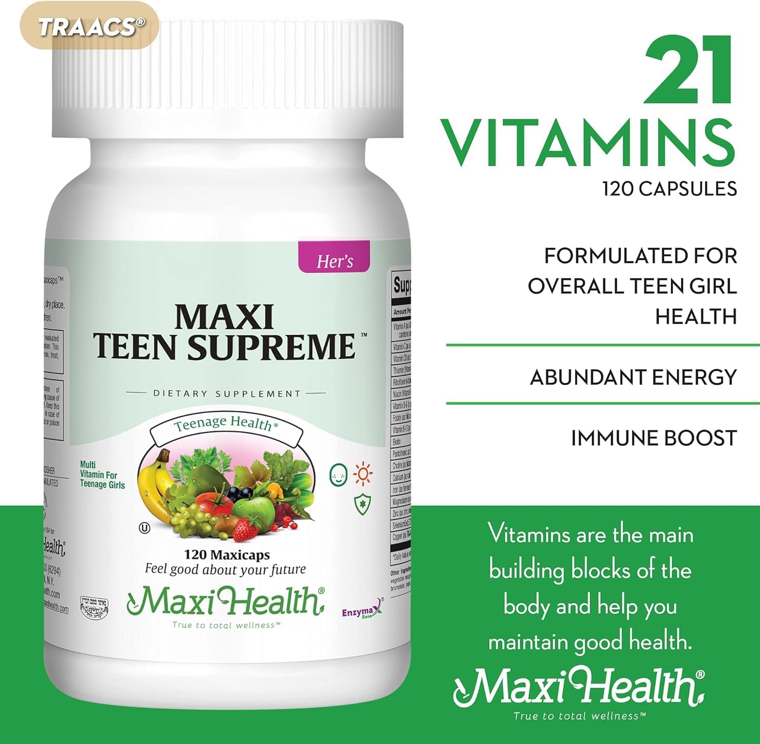 Teen Vitamins for Girls 12-17 - Teen Multivitamin D3, Iron, Calcium, Biotin, Zinc, Digestive Enzymes – Teenager Girl Multi Vitamins for Healthy Skin, Immune & Mood Support – 120 Count