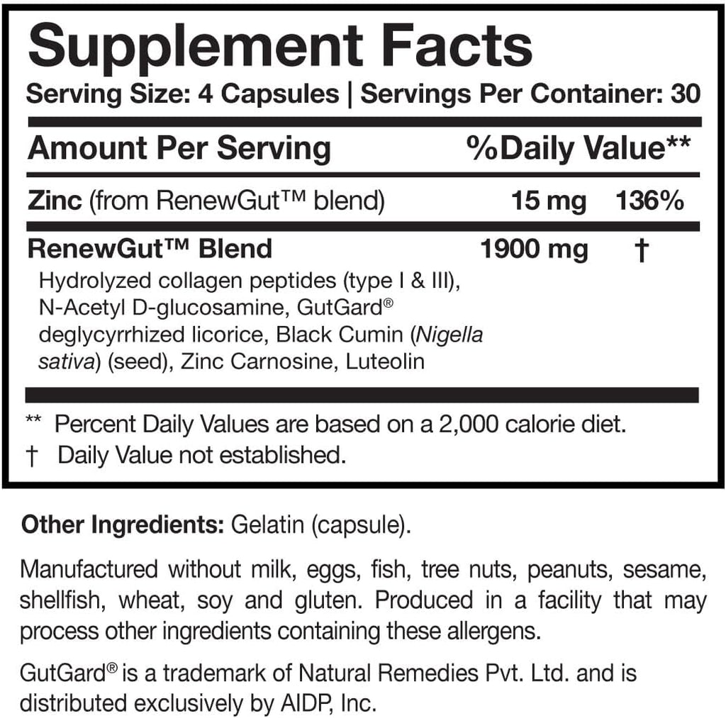 Researched Nutritionals RenewGut - GI Complex to Support Gut Lining, Healthy Histamine Levels & Digestive Health - Collagen Peptides, Zinc Carnosine, DGL & N Acetyl Glucosamine (120 Capsules)