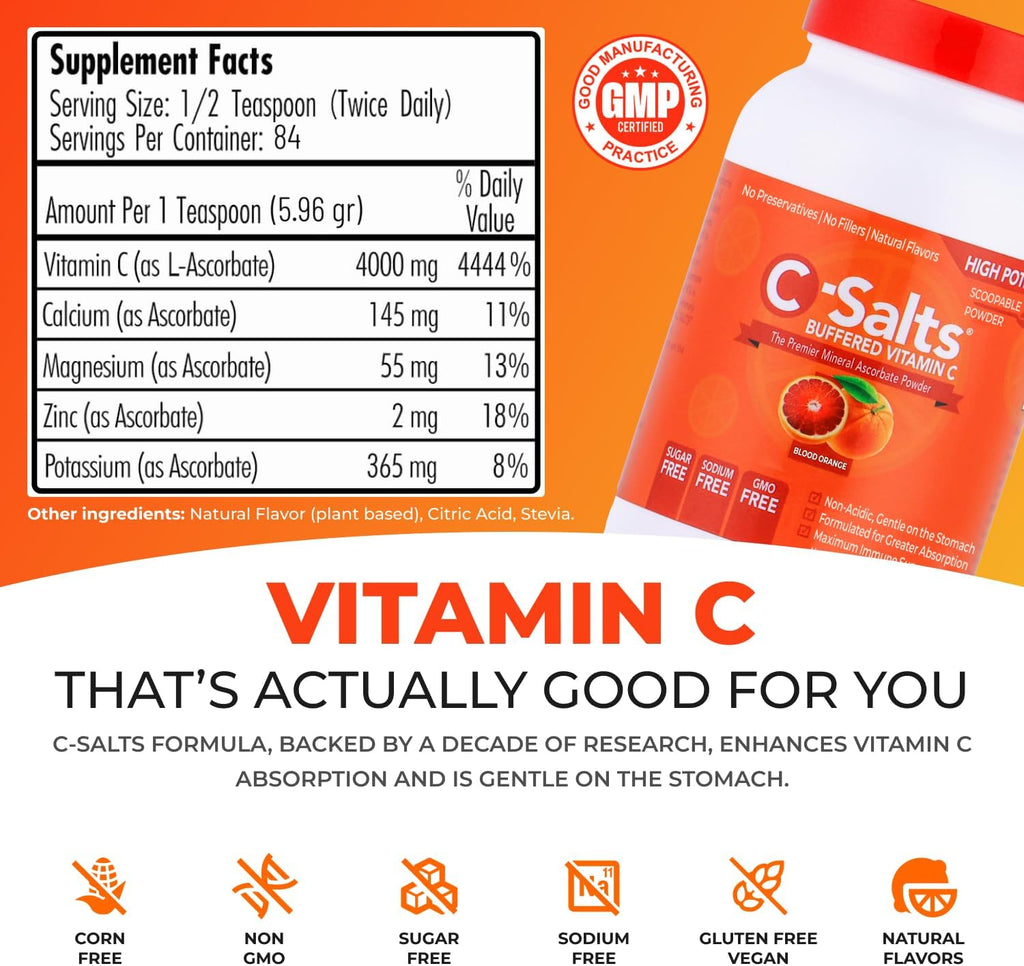 C-Salts Original Vitamin C Powder Supplement - 100% Pure High Dose Buffered Vitamin C Powder for Immune Support - Sugar-Free Powdered Drink Ascorbate, Organic, Stomach-Friendly, Blood Orange 8oz